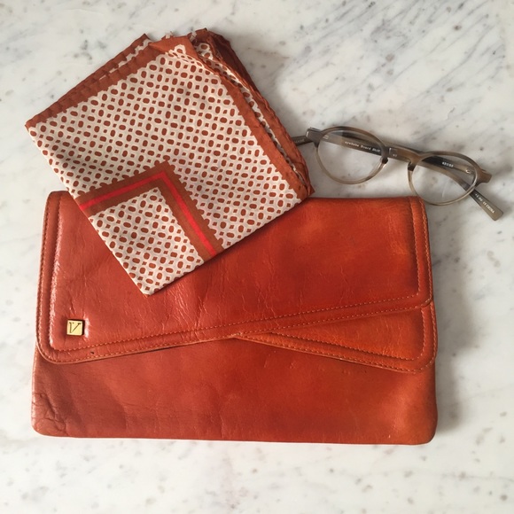 Vintage Handbags - Vintage Mid century orange Italian leather clutch and vintage scarf